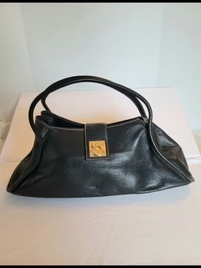 Salvatore Ferragamo Black Leather Shoulder Bag with Gold Gancini Flip Lock